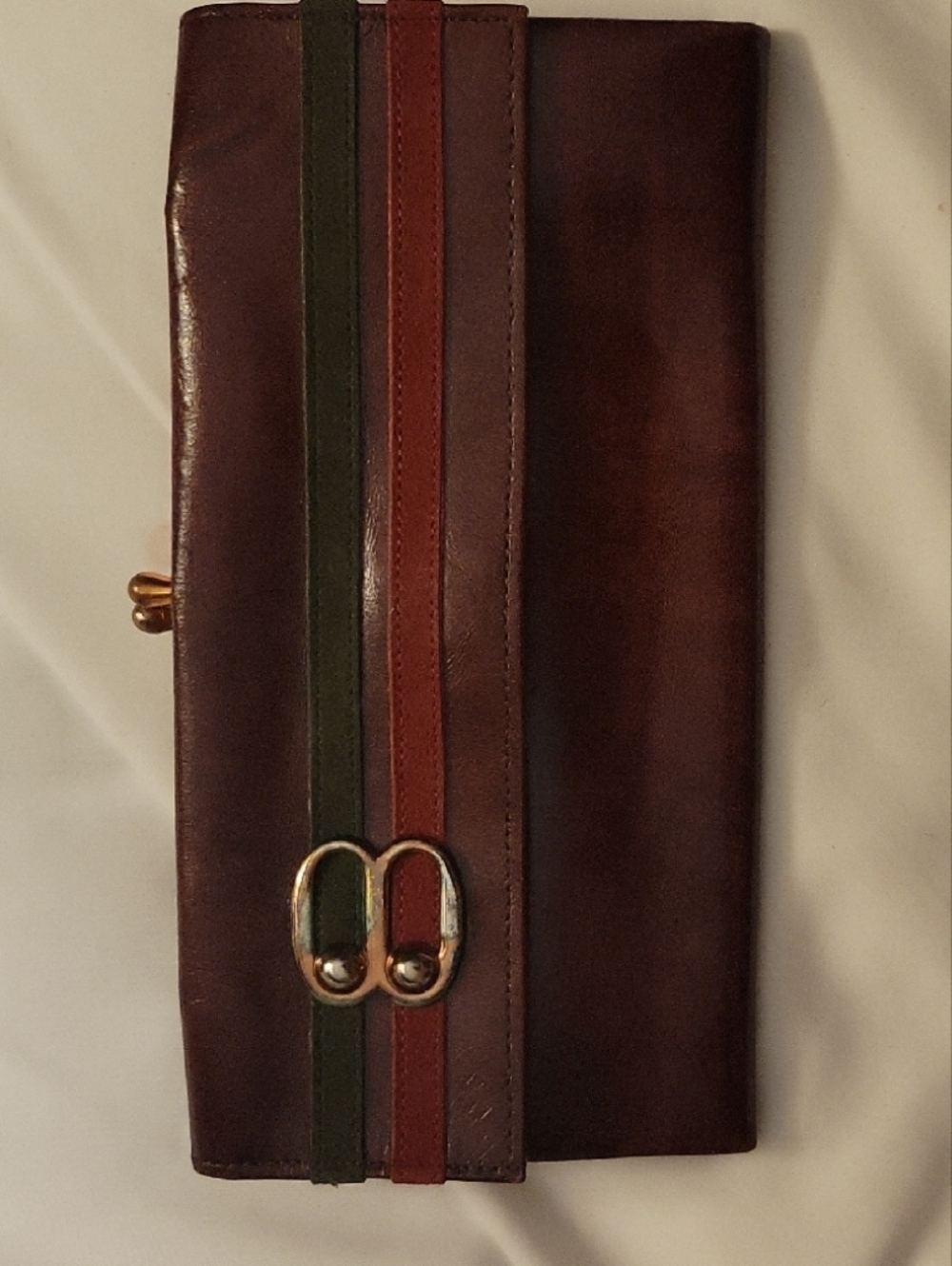 Women's 1950s Vintage Brown Leather Wallet  with Green and Red Accent Straps